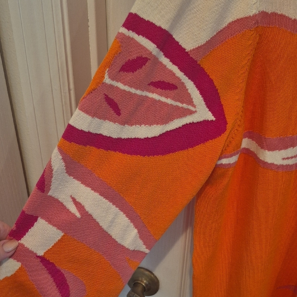 Chico's Vibrant Floral Orange and Pink Long Sleeve Lightweight Sweater - Picture 4 of 8